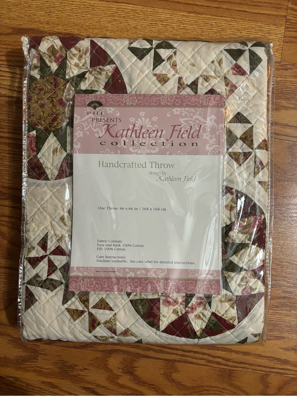 Vintage Kathleen Field Handcrafted Throw - Cream, Burgundy & Olive Patchwork